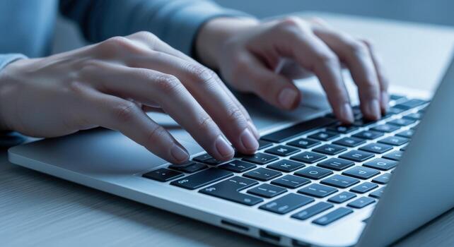 Hands Typing on Laptop Keyboard, Close-up View of Fingers Pressing Keys for Business and Communication photo