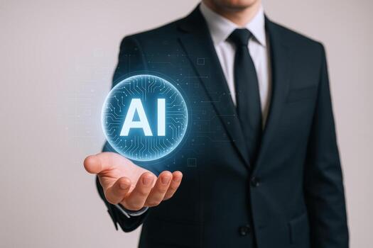 AI Technology Innovation Businessman Holding Artificial Intelligence Interface in Hand, Digital Future and Modern Solutions photo