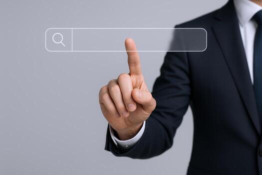 Businessman Interacting with Search Bar Concept for Online Information Retrieval and Digital Interface Technology photo