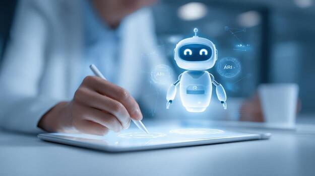 AI Assistant Interface on Tablet Woman Interacting with a Virtual Chatbot for Business Solutions photo