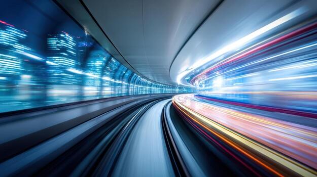 Futuristic Train Journey Through Illuminated Tunnel Motion Blur, Speed, and Modern Transportation Concept photo