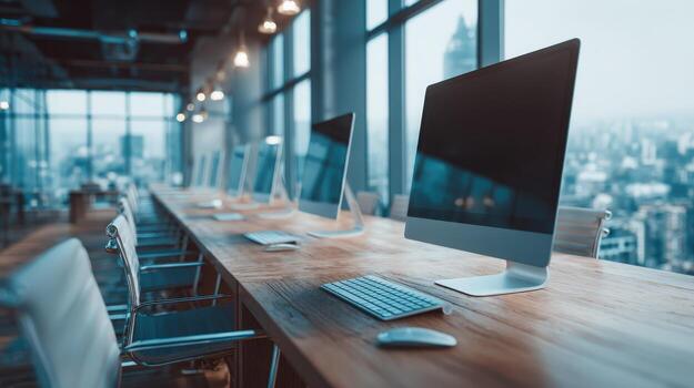 Modern Office Workstations with City View, Providing Collaborative Workspace in an Open Plan Environment photo