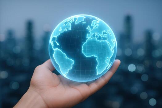 Digital Globe Hologram Held in Hand Over Cityscape Futuristic Technology and Global Connection Concept photo