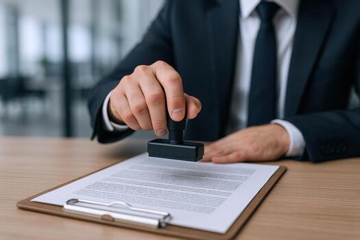 Businessman Applying Stamp to Document on Clipboard, Official Approval, Contract Execution, Formal Agreement photo