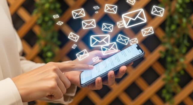 Close-up of a Person Using a Smartphone with Email Icons, Representing Mobile Communication and Connectivity photo