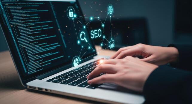 seo especialista optimizando sitio web contenido y código para buscar motor clasificación en ordenador portátil foto