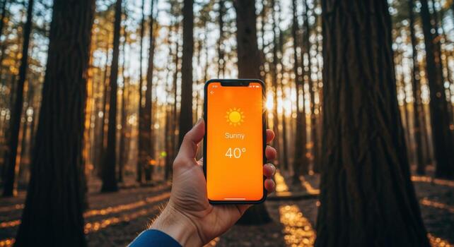 Hand Holding Smartphone Displaying Sunny Weather Forecast in a Forest with Sunlit Trees Background photo