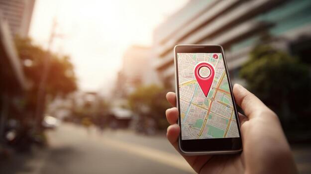 Navigation App on Smartphone Display Finding Location in City with Red Pin, Street View photo