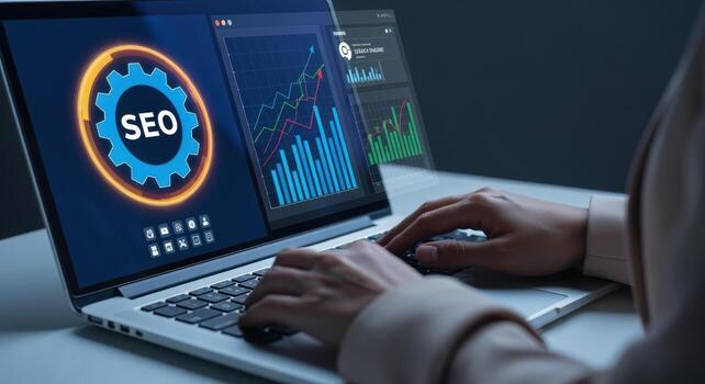 seo mejoramiento análisis en ordenador portátil pantalla desplegado, negocio profesional analizando sitio web clasificaciones y datos analítica foto