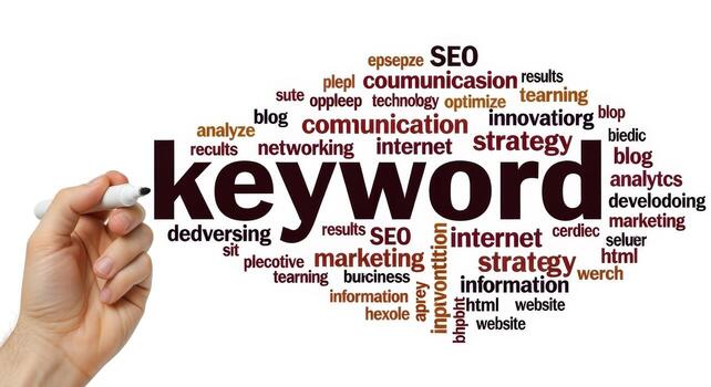 Keyword Cloud Concept A Hand Points with a Pen to Keyword, Creating Word Collage photo