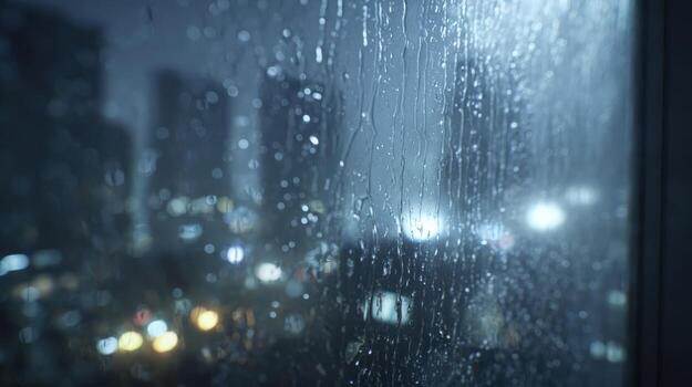 Raindrops on Window with Blurred Cityscape Moody and Atmospheric Urban Background photo