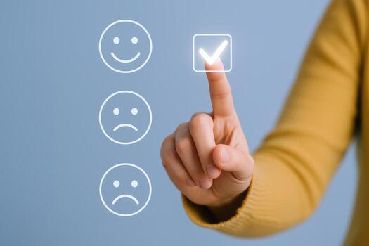 Customer Feedback Concept Hand Selecting Positive Option with Tick Sign, Satisfaction, Service Quality photo