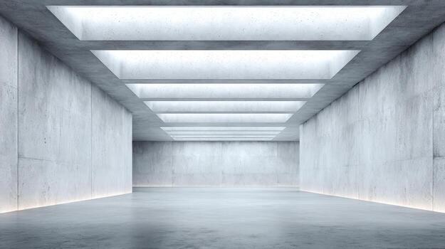 Abstract Concrete Hallway with Ceiling Lights in a Minimalist Style, Ideal for Architectural Renderings and Backgrounds photo