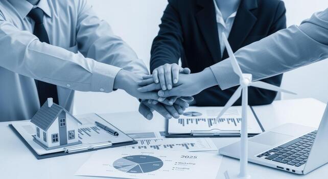 Collaborative Team United for Sustainable Development Goals, Renewable Energy, and Green Building Projects in Business Meeting photo