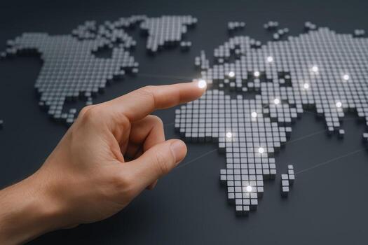 Global Network Connection Concept Persons Finger Indicates Worldwide Digital Transformation and Interconnectedness on Pixelated Map photo