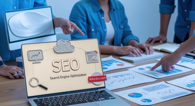 Team Analyzing SEO Strategies on Laptop with Charts, Graphs, and Computer Screen for Data-Driven Marketing photo