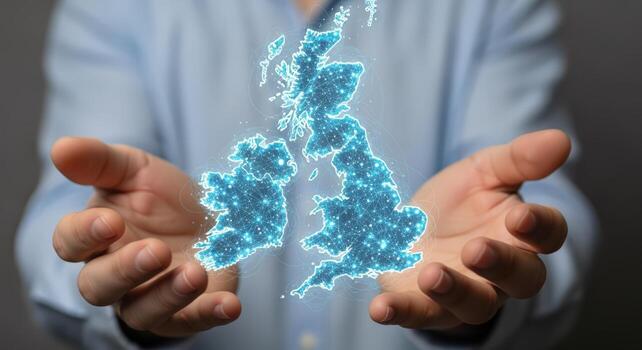 Digital United Kingdom Hands Presenting a Glowing Tech Map of UK and Ireland for Business photo