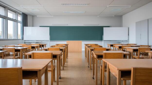 Classroom Interior with Desks and Chalkboard, School Education Background, Empty Space, Learning Environment for Students photo