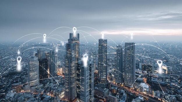 Modern Cityscape with Location Pin Overlay, Representing Global Connectivity and Urban Technology Infrastructure photo