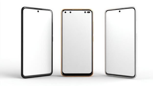 Three Modern Smartphones Displaying Blank Screens for App UIUX Design Mockups on White Background photo