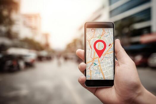 Navigation App on Smartphone Displaying Location Pinpoint in Urban Setting, Guiding Route, Destination, and Position photo