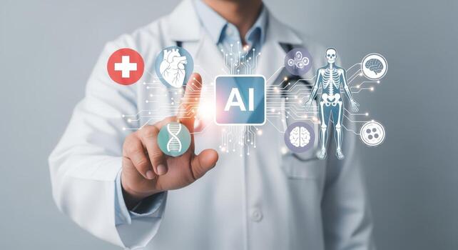 Doctor Interacting with AI Interface Displaying Medical Icons, Emphasizing Technological Advancement in Healthcare and Diagnostics photo