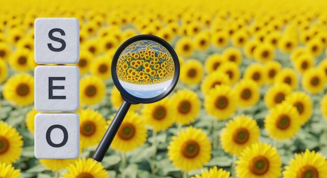 Sunflower Field SEO Concept with Magnifying Glass and Letter Blocks, Representing Search Engine Optimization photo