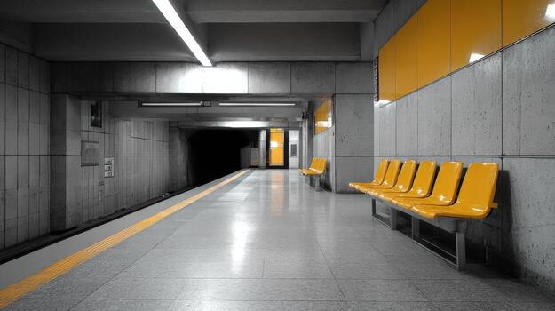 Empty Subway Station Platform with Yellow Benches and Tile Walls Awaiting Commuters photo