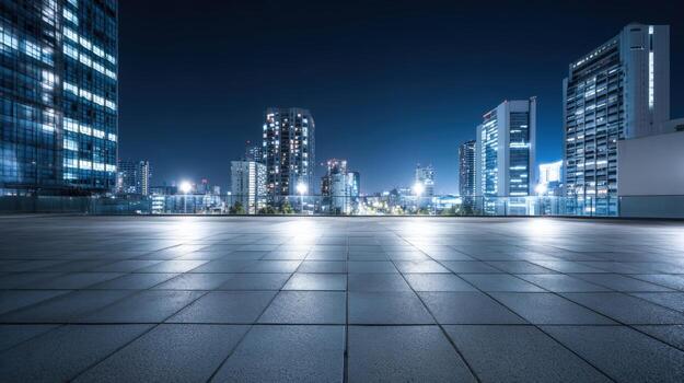 Cityscape at Night Modern Architecture and Empty Urban Space with Illuminated Skyscrapers photo
