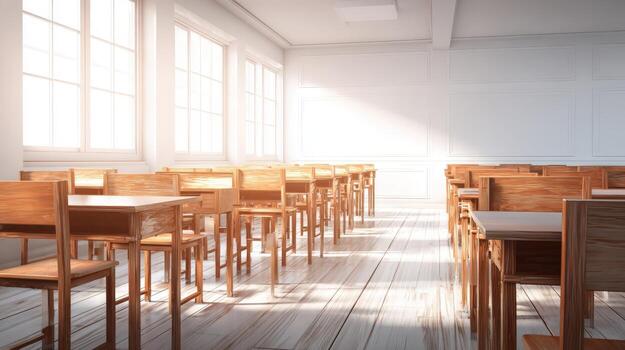 Bright Empty Classroom with Wooden Desks and Chairs, Ideal for Education and Learning Concepts photo