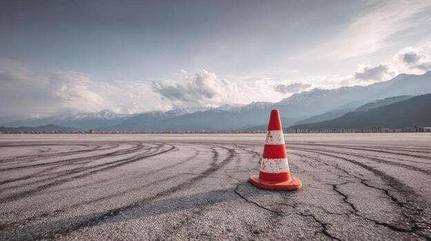 Orange and White Traffic Cone on Cracked Asphalt Surface with Mountain Backdrop on Cloudy Day photo