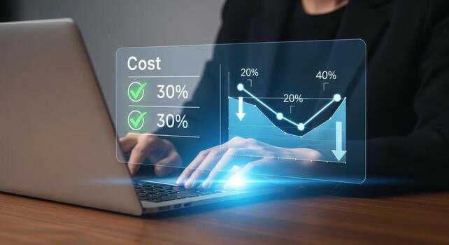 Cost Reduction Analysis Business Professional Reviewing Financial Data on Laptop with Digital Interface Illustrating Efficiency and Savings photo