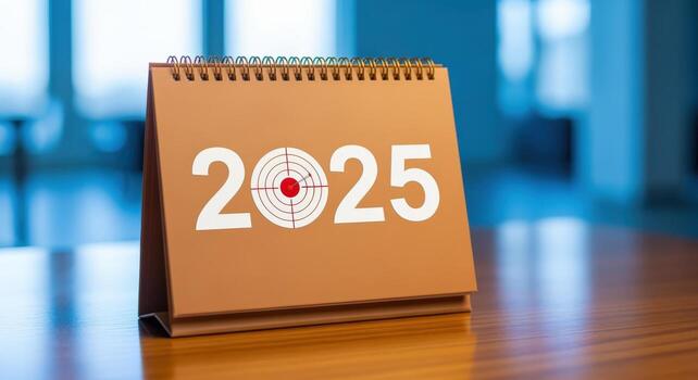 Calendar displaying 2025 with a target, representing goals, deadlines, and future planning on a desktop photo