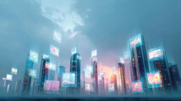 Futuristic Cityscape with Holographic Interfaces Displayed Among Skyscrapers, Representing Advanced Technology and Connectivity photo