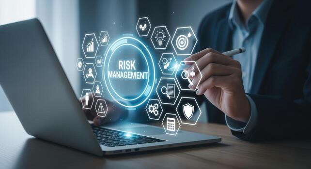 Risk Management Concept Visualized Businessman Using Laptop with Digital Interface, Navigating Strategy and Financial Planning photo