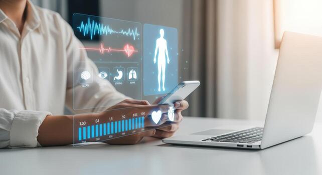 telemedicina tecnología cuidado de la salud profesional utilizando móvil dispositivo para remoto paciente supervisión y virtual consulta foto