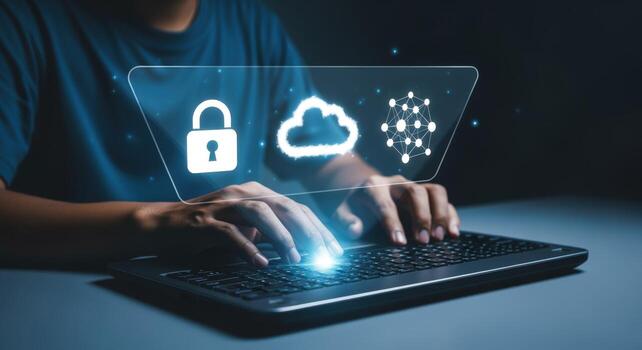 Data Security and Cloud Technology A Man Typing on a Keyboard with Security Icons photo