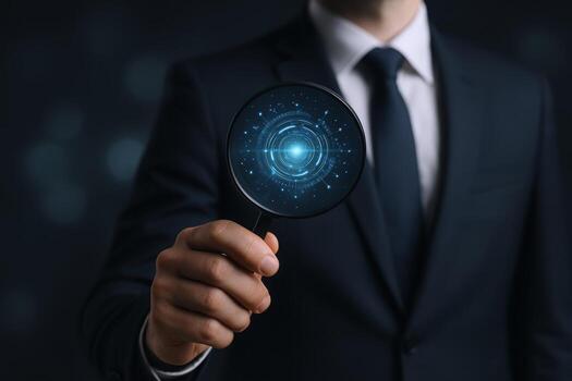 Businessman Holding Magnifying Glass with Digital Technology Effect for Investigation and Data Analysis photo