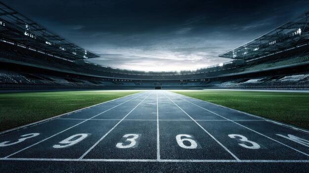 Empty Running Track in Stadium with Lanes and Numbers Ready for Sporting Events photo