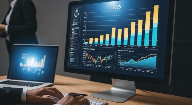 financiero datos análisis en computadora pantalla mostrando cartas y gráficos para negocio crecimiento en oficina foto