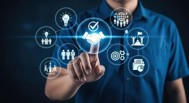 Hand Touching Digital Screen Displaying Business Partnership, Agreement, and Collaboration Icons, Emphasizing Technology and Strategy photo