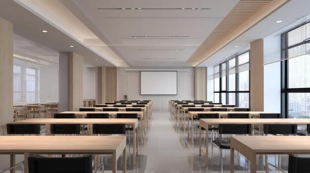 Modern Conference Room with Projector Screen, Tables and Chairs for Business Meetings and Presentations, Architecture Design photo