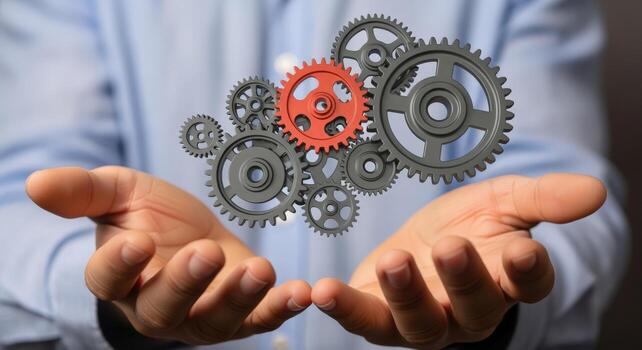 Hands Presenting Mechanical Gears and Cogs Representing Innovation, Teamwork, Engineering, and Problem Solving photo