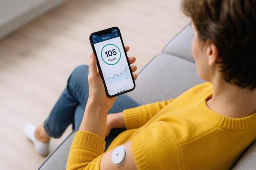 mujer supervisión sangre glucosa niveles utilizando móvil aplicación y continuo glucosa monitor para diabetes administración foto