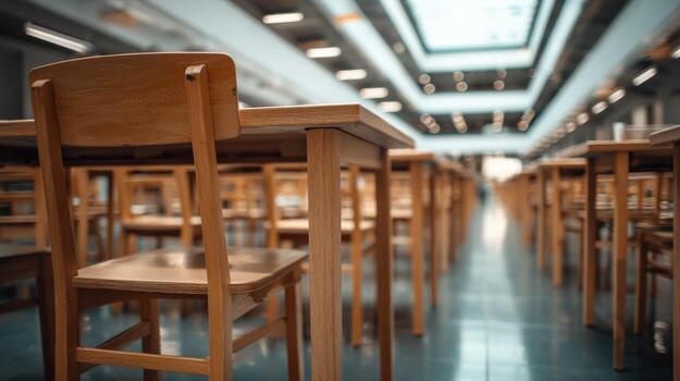 Empty Study Hall Rows of Tables and Chairs in a University Library Space photo