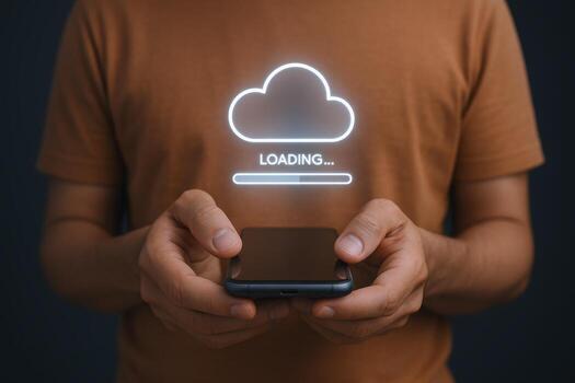Cloud Uploading on Mobile Phone Man Holding Smartphone with Cloud Symbol, Loading Data photo