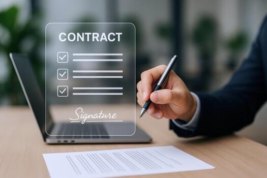 Man reviewing digital contract checklist and signing it on transparent interface, laptop on desk photo