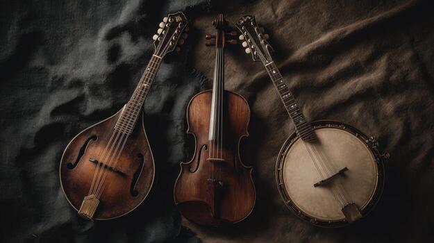 Musical Harmony Mandolin, Violin, and Banjo Instruments Displayed on Textured Fabric for Artistic Composition photo