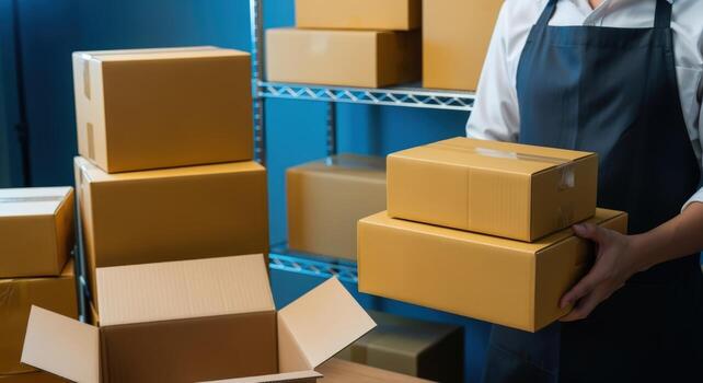 Warehouse Worker Carrying Cardboard Boxes for Shipment, Order Fulfillment and Inventory Management Solutions photo