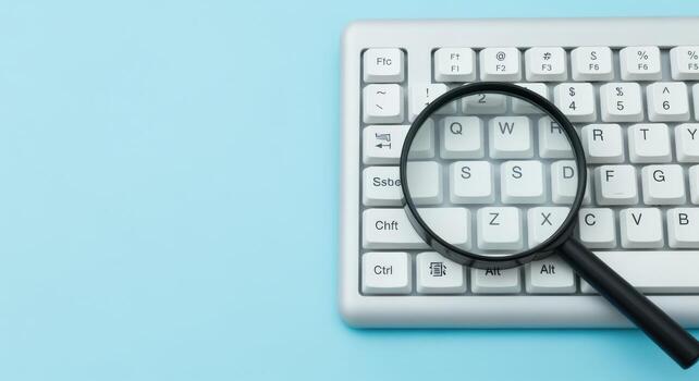 Magnifying Glass on Keyboard Keys Represents Search, Analysis, and Data Investigation on a Blue Background photo